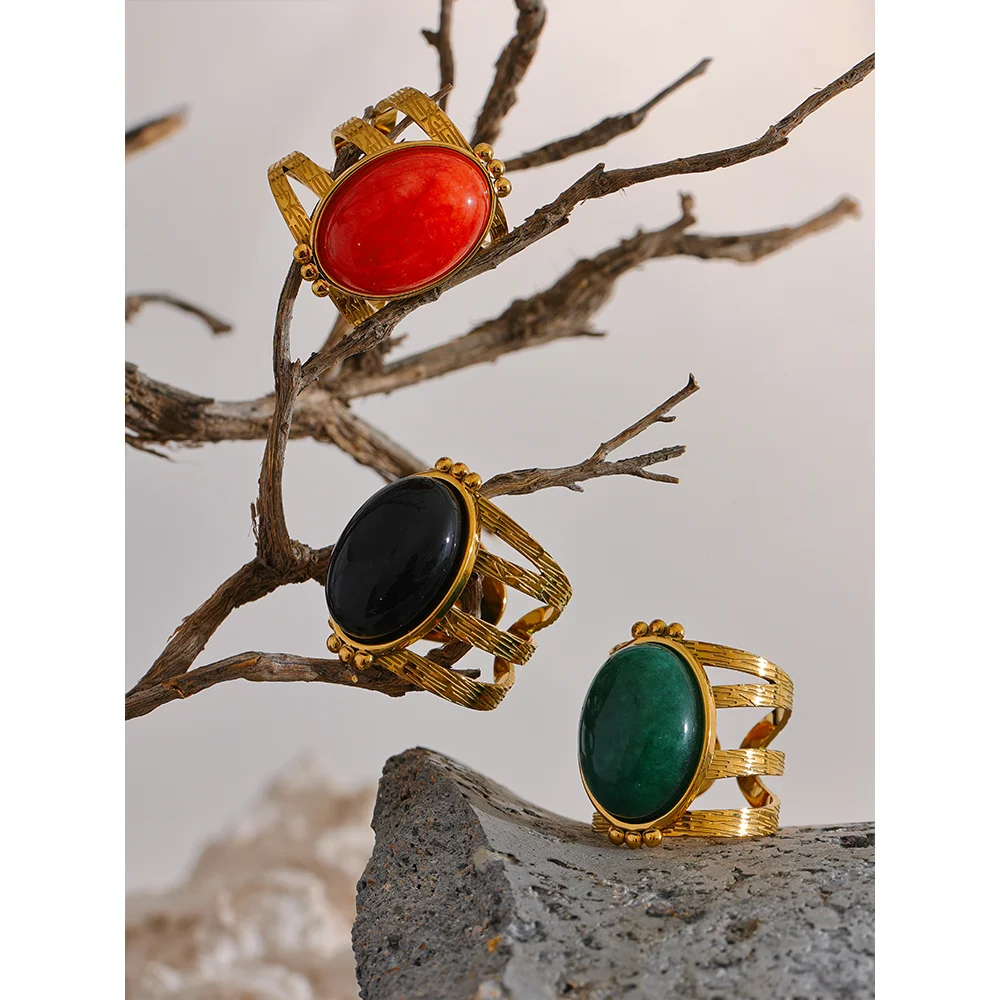 Yhpup Red Black Green Stone Stainless Steel Open Adjustable Popular Fashion Ring Gold Plated Waterproof Women Jewelry Gala Gift - YDKM