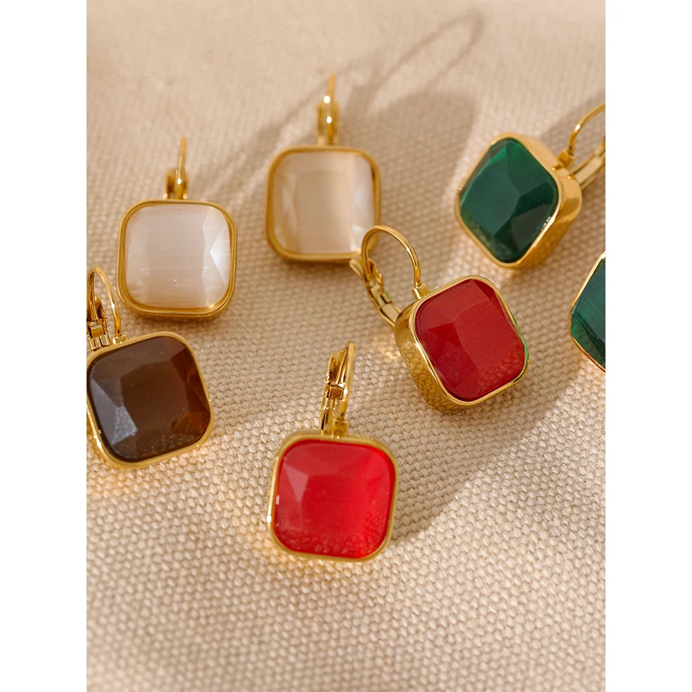Yhpup Delicate Colorful Vintage Charm Square Opal Stone French Hook Earrings Stainless Steel 18k Gold Plated Waterproof Jewelry - YDKM