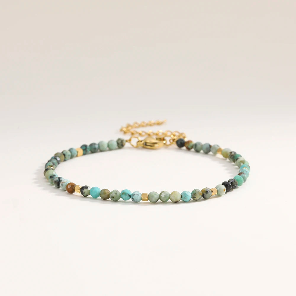 3mm Faceted African Turquoise Nature Stone Beaded Bracelet For Women With 18k gold plated Stainless Steel Square Beads Jewelry - YDKM