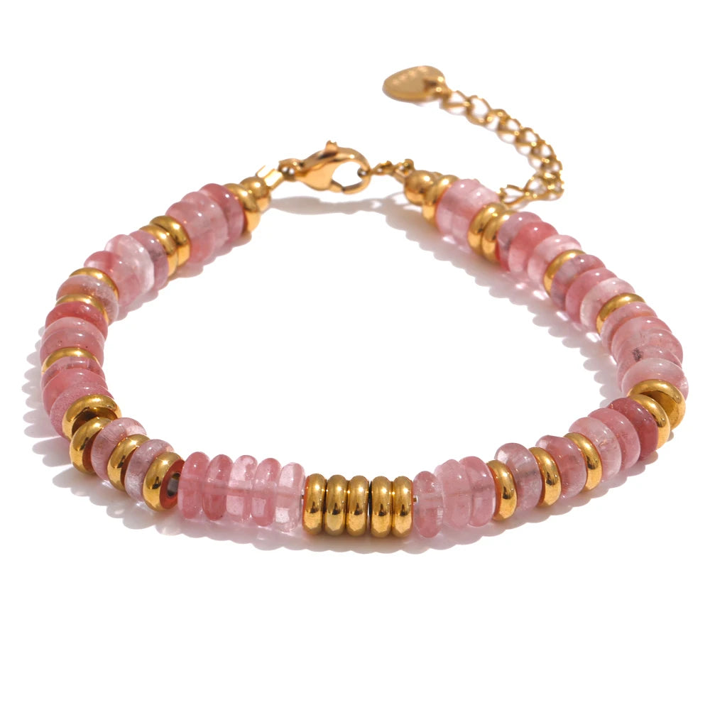 Yhpup Colorful Natural Stone Beads Chain Handmade Bracelet Bangle Waterproof Bohemia Stainless Steel Y2K Trendy Jewelry Gift - YDKM