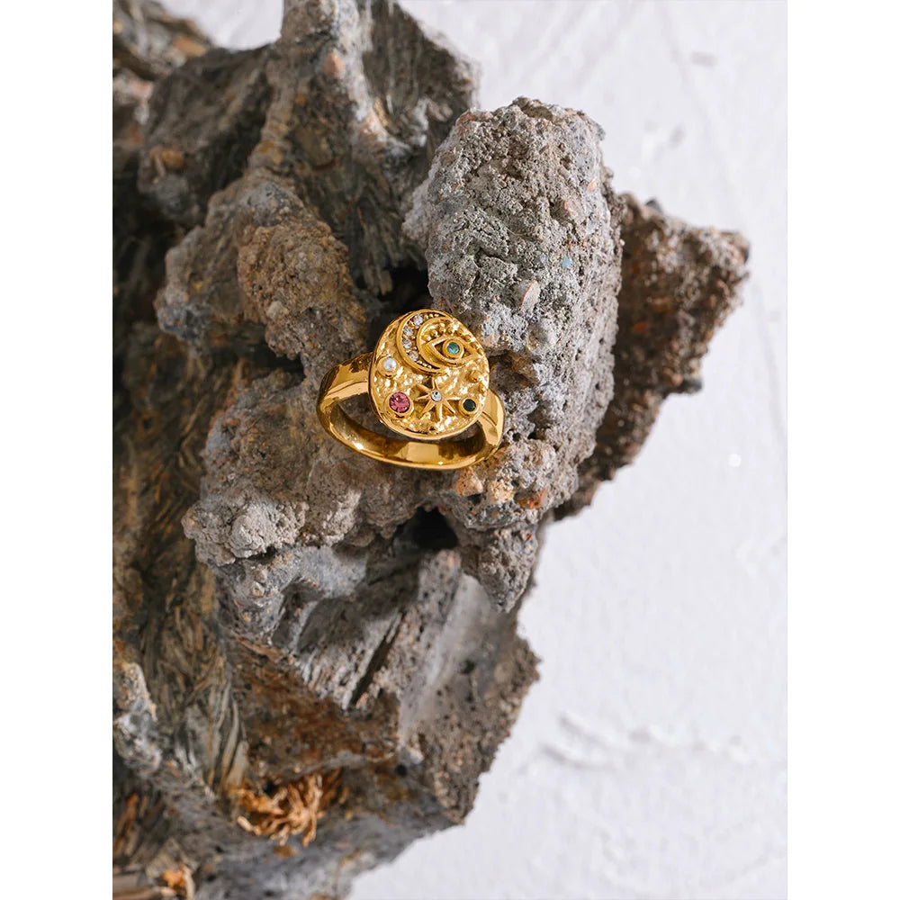 Yhpup Stainless Steel Star Moon Eye Charms Ring Colorful CZ Zirconia 18K Gold Color High Quality Celestial Jewelry Women Gala - YDKM