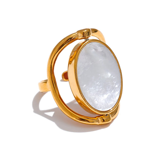 Yhpup Exclusive Natural Stone Shell Rotatable Open Ring France Exquisite Stainless Steel Unique Jewelry for Fashionable Women - YDKM