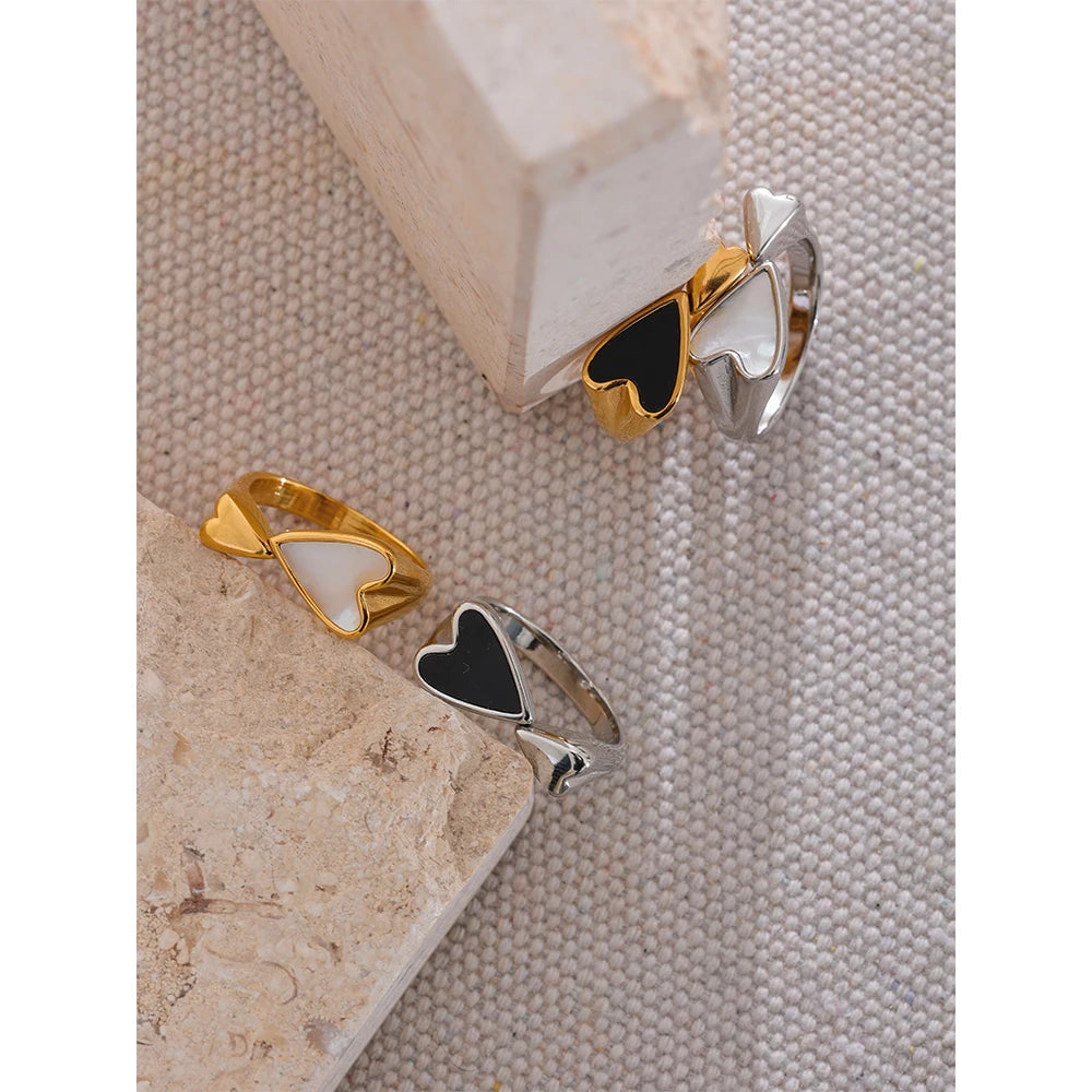 Yhpup Shell Acrylic Heart Stainless Steel Stylish Ring for Women Charms Metal Texture Waterproof Golden Jewelry Gala Gift - YDKM