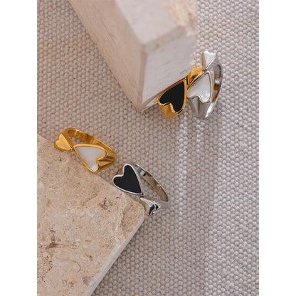 Yhpup Shell Acrylic Heart Stainless Steel Stylish Ring for Women Charms Metal Texture Waterproof Golden Jewelry Gala Gift - YDKM