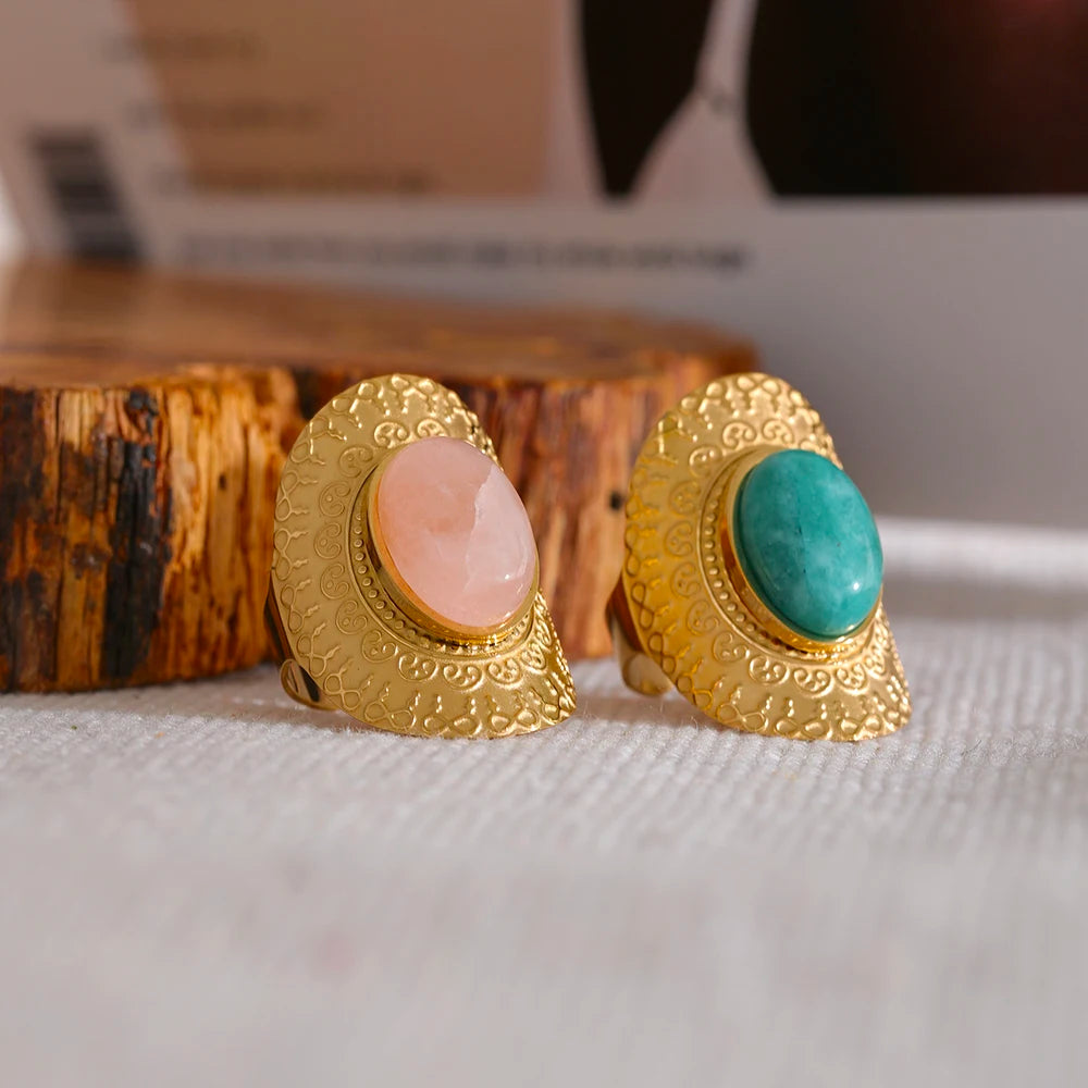 Yhpup Stainless Steel Natural Stone Pink Green Turquoise Hyperbolic Ring Women Bohemian Stylish Adjustable Big Summer Jewelry - YDKM