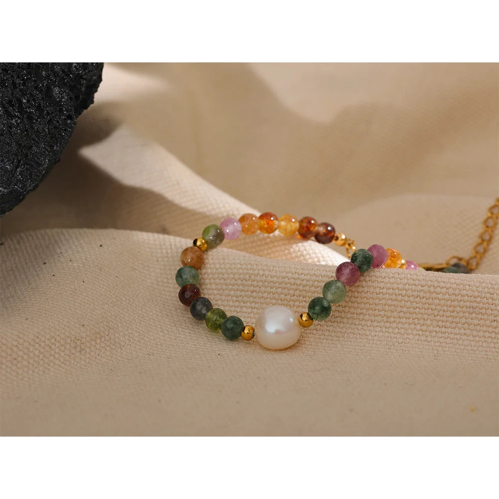 Yhpup Natural Tourmaline Stone Pearl Fashion Colorful Bead Bracelet Bangle for Women Mother Gift Healing Charm Jewelry Wholesale - YDKM