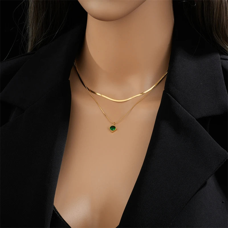 DIEYURO 316L Stainless Steel Green Zircon Pendant Necklace For Women Fashion Luxury Gold Color 2in1 Chain Girl Neck Jewelry Gift - YDKM