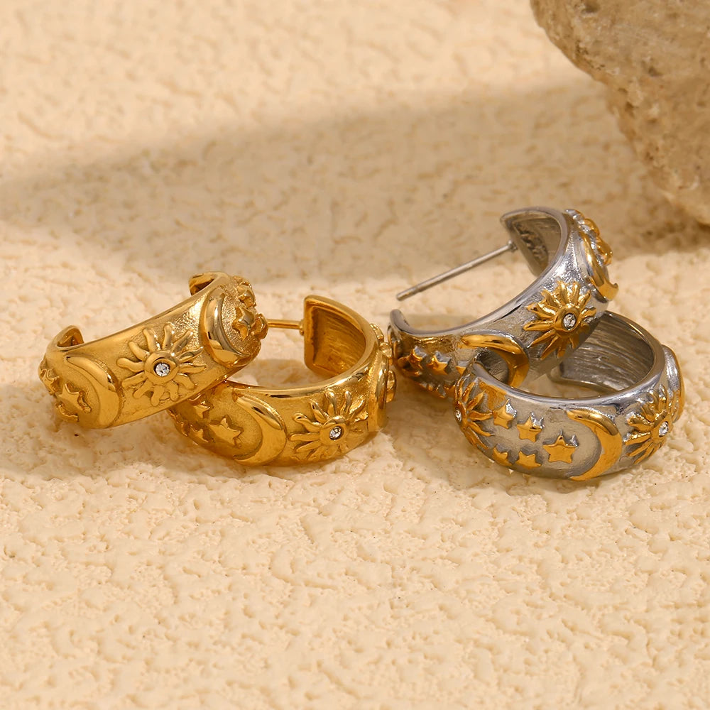 MamacitaSlay Stainless Steel 18K Gold Plated Zircon Sun Moon Star Earrings Party Trend Mixed Color Waterproof Jewelry Gift - YDKM