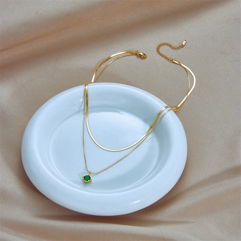 DIEYURO 316L Stainless Steel Green Zircon Pendant Necklace For Women Fashion Luxury Gold Color 2in1 Chain Girl Neck Jewelry Gift - YDKM