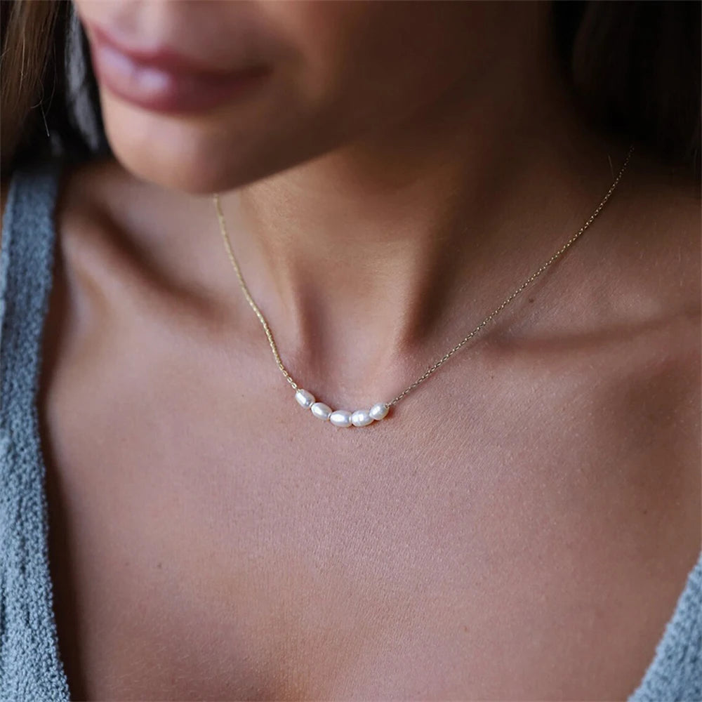 eManco Hot Simple 5 Create Pearls Choker Necklaces Wedding Bride Jewelry Women's Gold Color Chocker Necklace Female Party Gift - YDKM