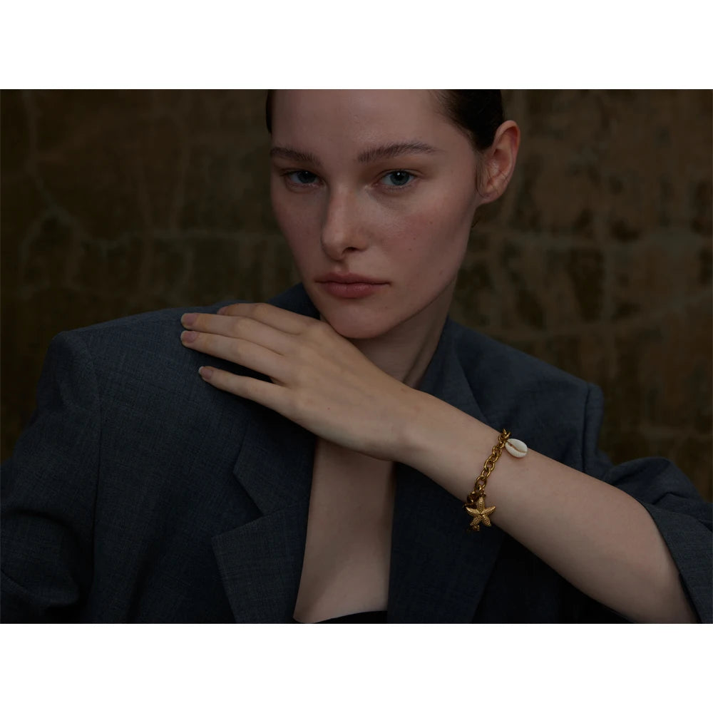 Yhpup Stainless Steel 18K Gold PVD Plated Metal Chain Waterproof Ocean Pendant Charm Starfish Shell Accessories Holiday Jewelry - YDKM