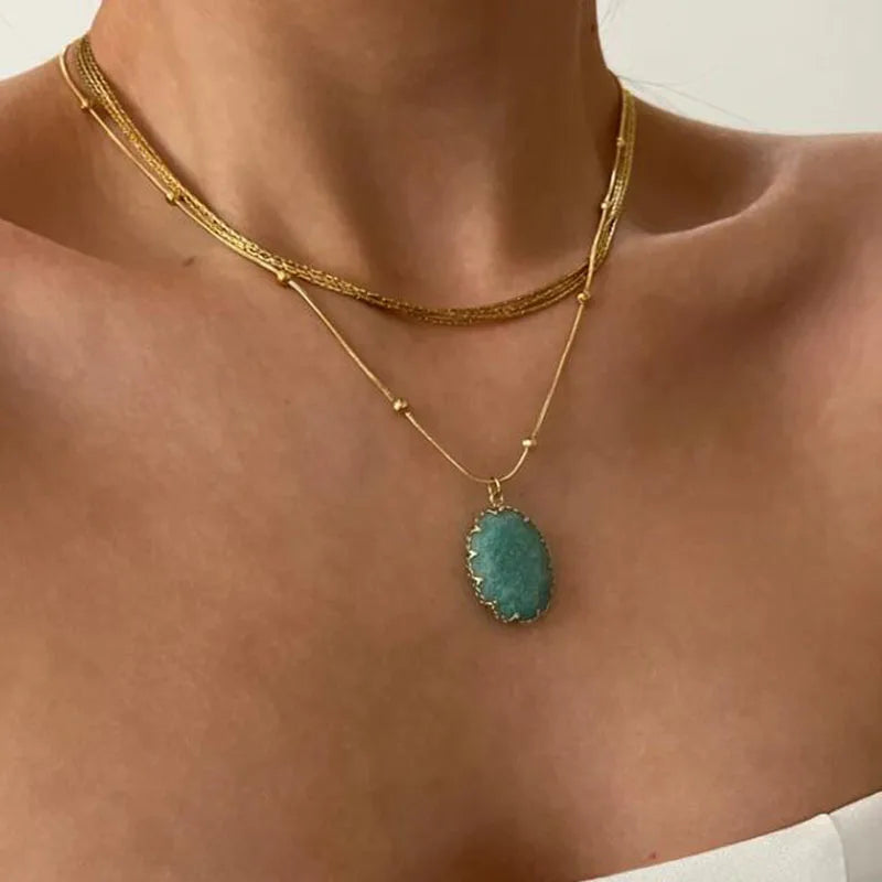 Green pink oval big stone pendant necklaces stainless steel necklaces for women summer holiday waterproof jewelry 2024new in - YDKM