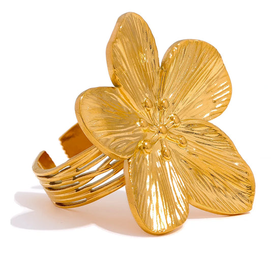 Yhpup Waterproof 18K Gold Color Stainless Steel Flower Big Open Ring for Women Trendy Fashion Party Summer Statement Jewelry - YDKM