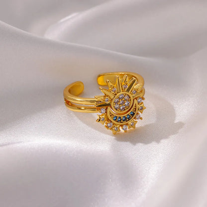 2PC Exquisite Cubic Zirconic Sun Moon Ring Set For Women Men Gold Color Stainless Steel Moon Sun Ring Couple Jewelry Gift - YDKM