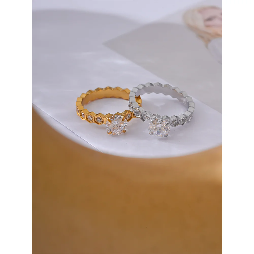 Yhpup Luxury AAA Bling Cubic Zirconia Classic Ring 2024 Stainless Steel CZ 18k Gold PVD Plated Fashion Exquisite Jewelry Gift - YDKM