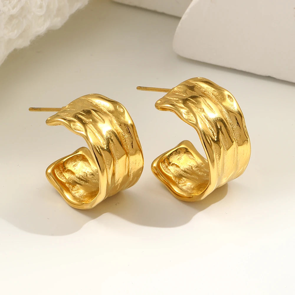 E.B.belle 2024Trendy Tin Foil Wide Gold Plated Hoop Earrings For Women Titanium Steel Ladies Minimalist Basic Gold Hoops Jewelry - YDKM