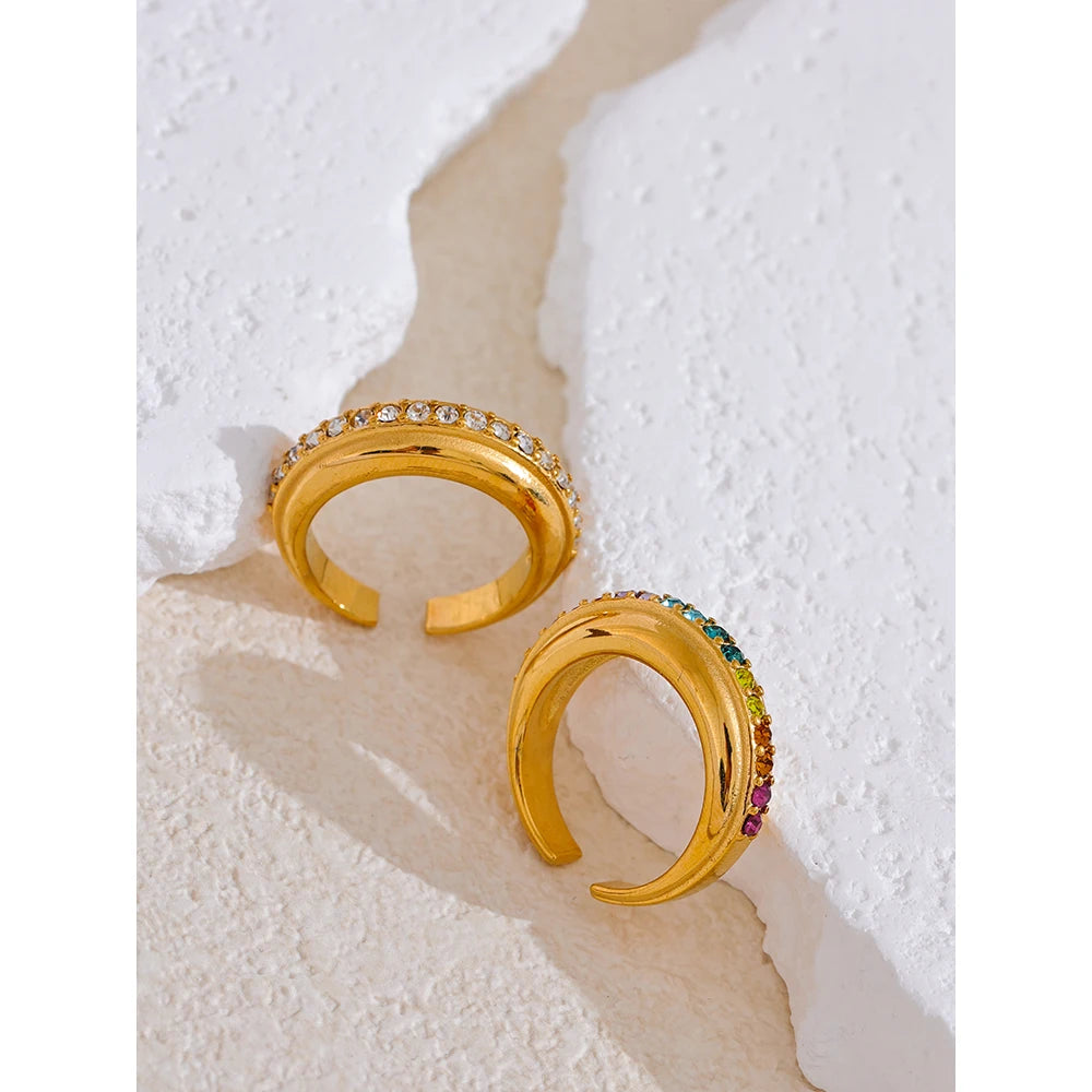 Yhpup Colorful White Cubic Zirconia Stainless Steel Fashion Open Ring Non-adjustable Golden Jewelry Water Resistant New - YDKM