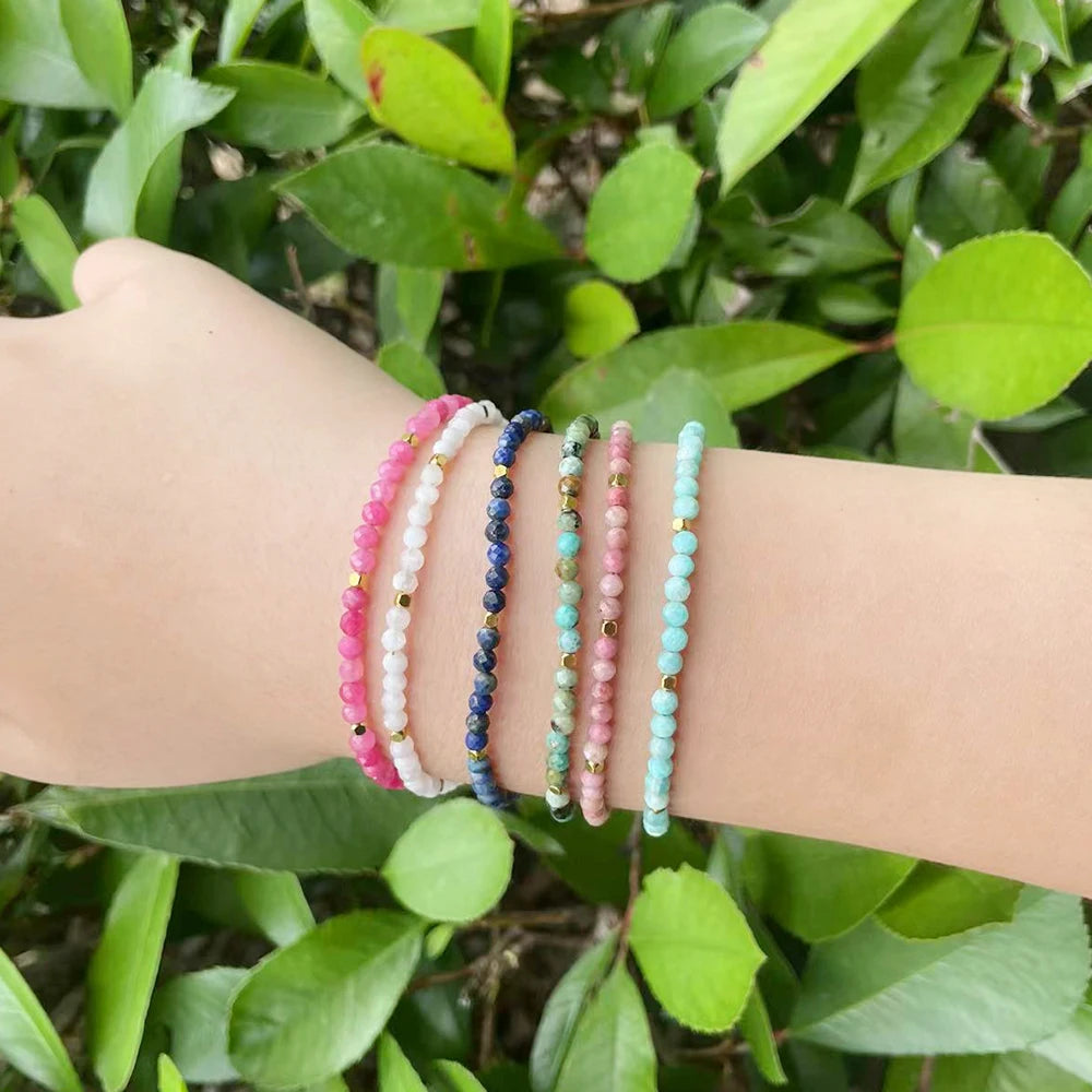 3mm Faceted African Turquoise Nature Stone Beaded Bracelet For Women With 18k gold plated Stainless Steel Square Beads Jewelry - YDKM