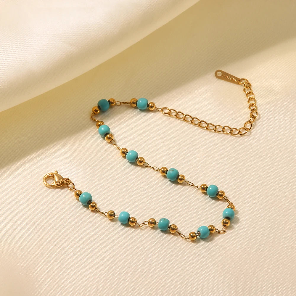 Youthway Fashion Turquoise Stainless Steel 18K Gold Pvd Plated Adjustable Bracelet Waterproof Jewelry Women Gift - YDKM