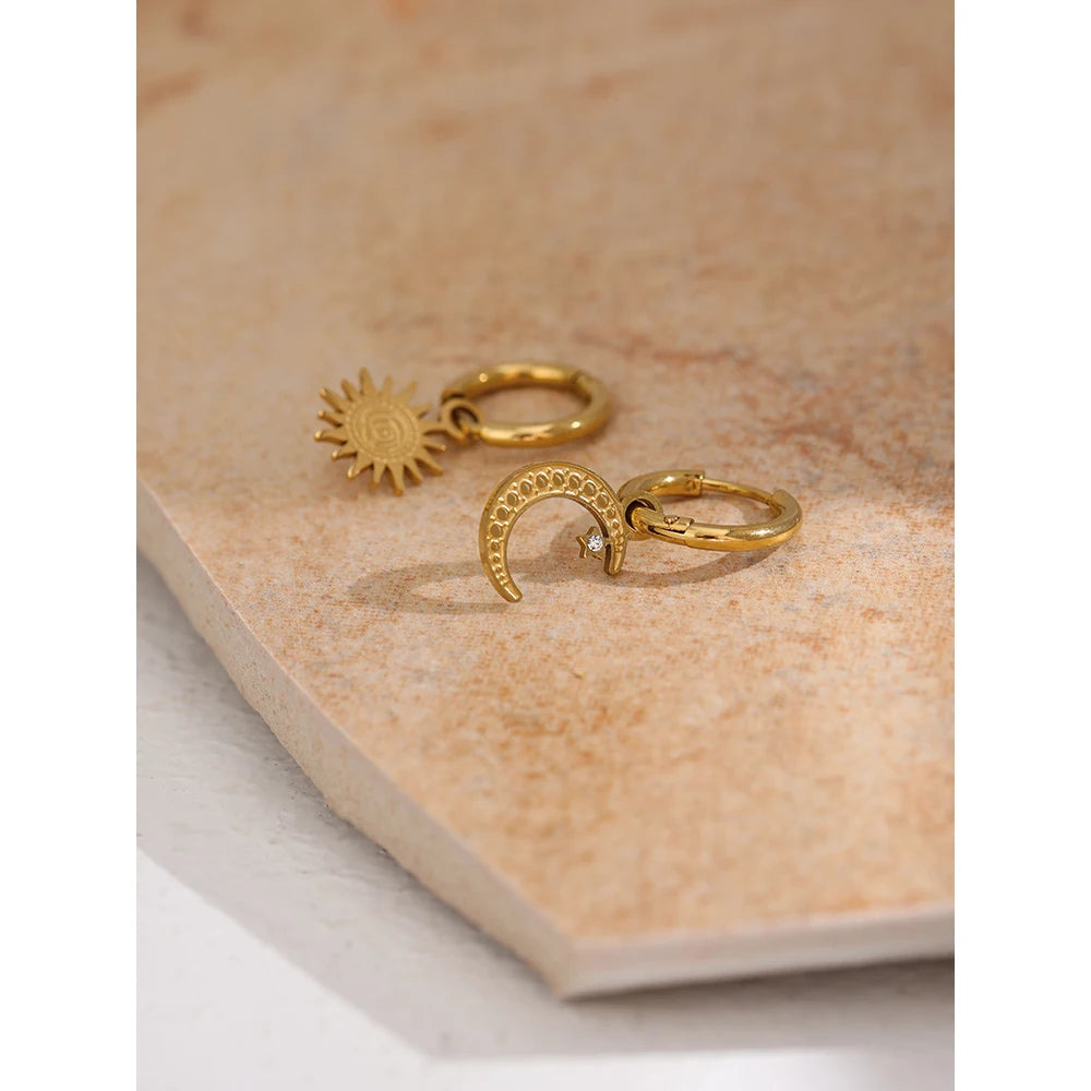 Yhpup Trendy Star Moon Asymmetry Drop Stainless Steel Gold Color Texture Hoop Earrings Statement Charm Jewelry for Women Gift - YDKM