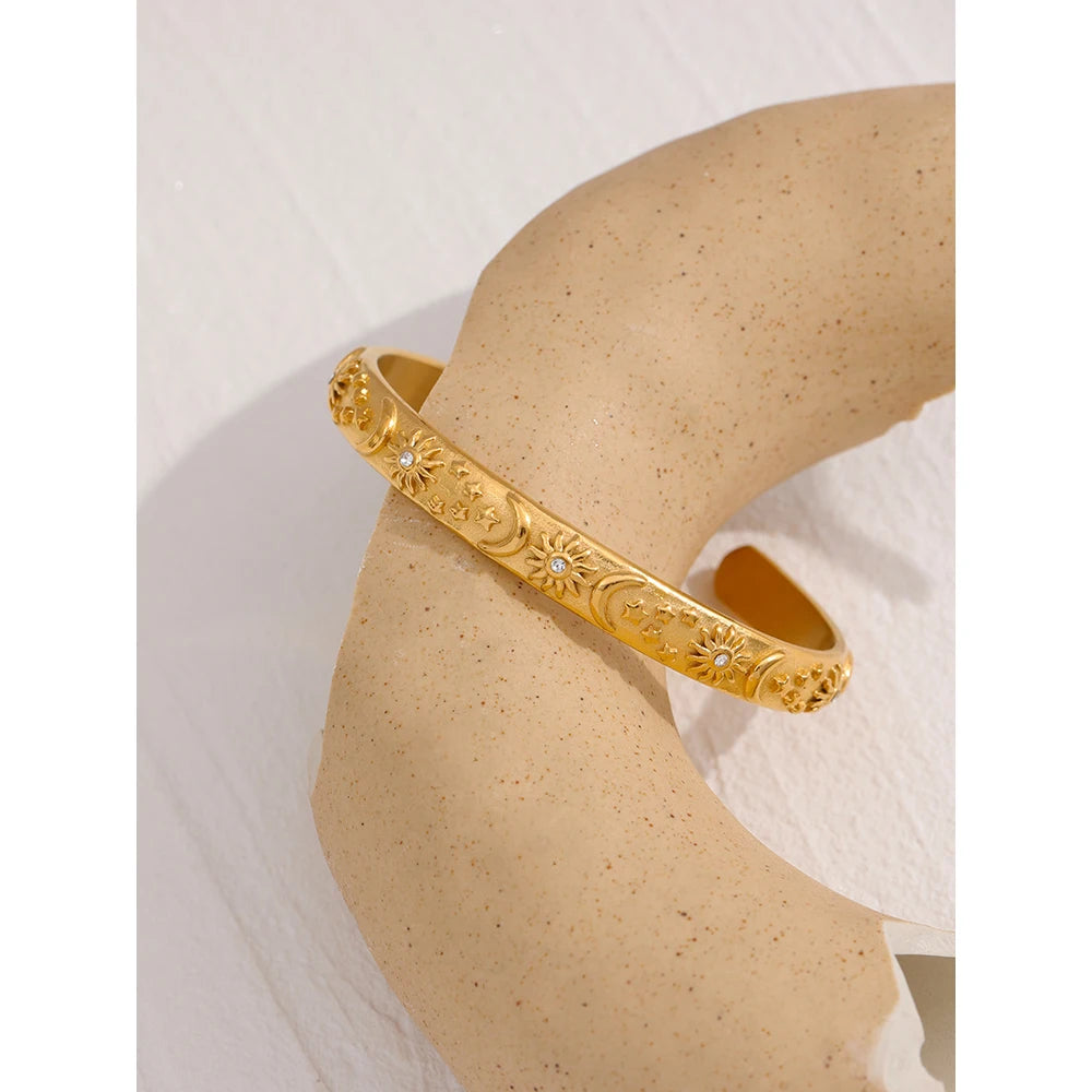 Yhpup Golden Stainless Steel Moon Star Sun Bangle Bracelet  Stylish Metal Open Wrist браслеты на руку женкие Party Gift - YDKM