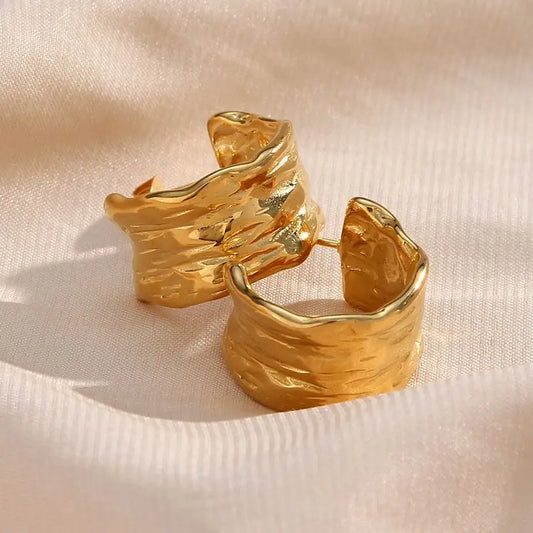 E.B.belle 2024Trendy Tin Foil Wide Gold Plated Hoop Earrings For Women Titanium Steel Ladies Minimalist Basic Gold Hoops Jewelry - YDKM