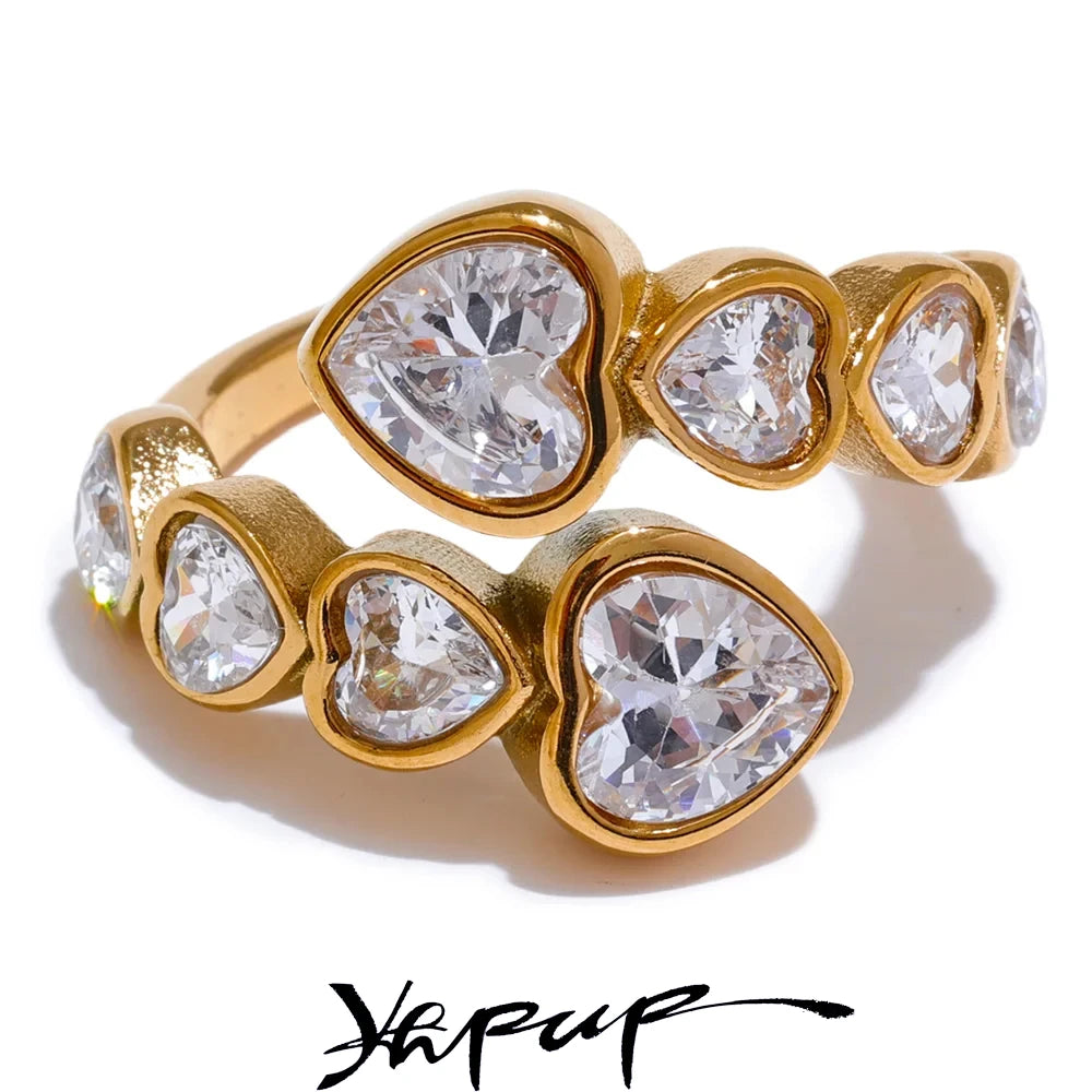 Yhpup Delicate Cubic Zirconia Heart Stainless Steel Gold Color Adjustable Fashion Open Ring High Quality Chic Charm Jewelry - YDKM