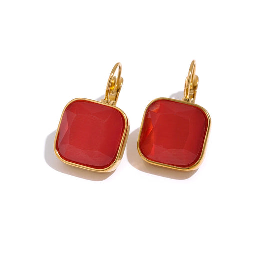 Yhpup Delicate Colorful Vintage Charm Square Opal Stone French Hook Earrings Stainless Steel 18k Gold Plated Waterproof Jewelry - YDKM