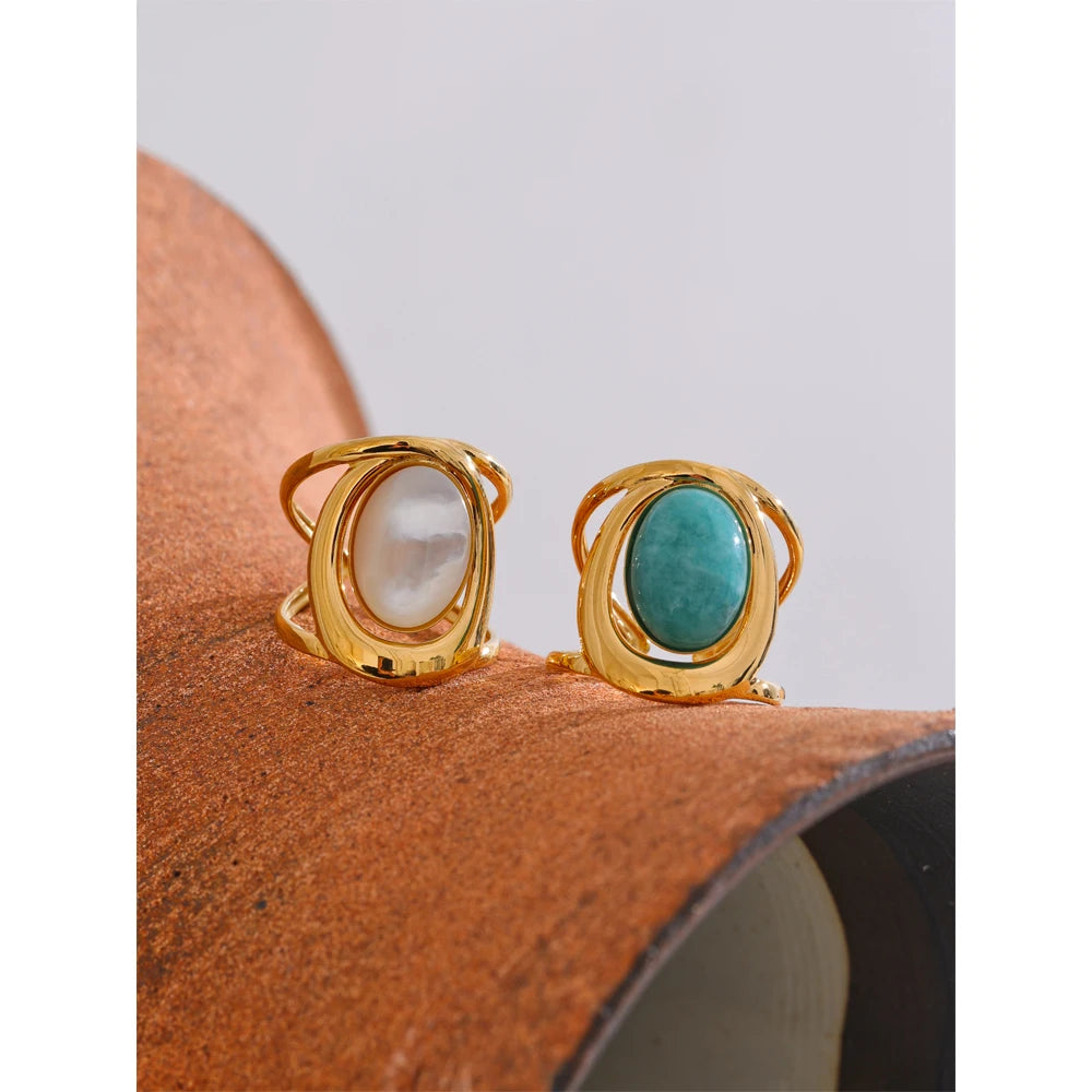 Yhpup Exquisite Natural Stone Open Adjustable Ring Glossy Stainless Steel PVD Plated Arrivals Jewelry Recommend 2025 - YDKM