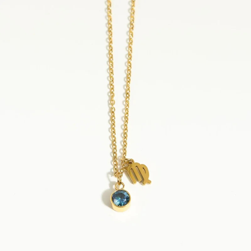 Stainless Steel 12 Constellation Birthstone Pendant Necklace For Women Zodiac Sign Lucky Birthstone Zircon Necklace Jewelry Gift - YDKM