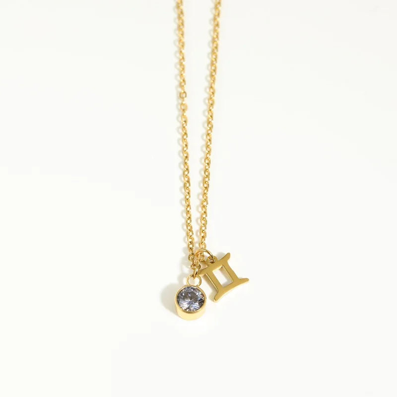Stainless Steel 12 Constellation Birthstone Pendant Necklace For Women Zodiac Sign Lucky Birthstone Zircon Necklace Jewelry Gift - YDKM