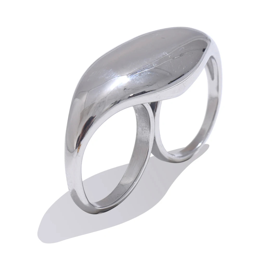 Yhpup 2024 Stainless Steel Metal Double Finger Geometric Ring Personality Rust Proof Attractive Big Exaggerated Jewelry Gift - YDKM