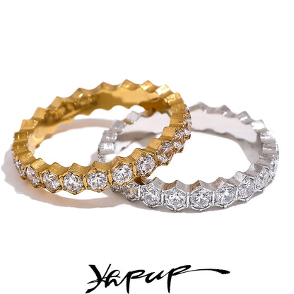 Yhpup Exquisite White Cubic Zirconia Bling Stainless Steel Classic Thin Chic Ring Luxury Engagement Wedding Fashion Jewelry Gift - YDKM