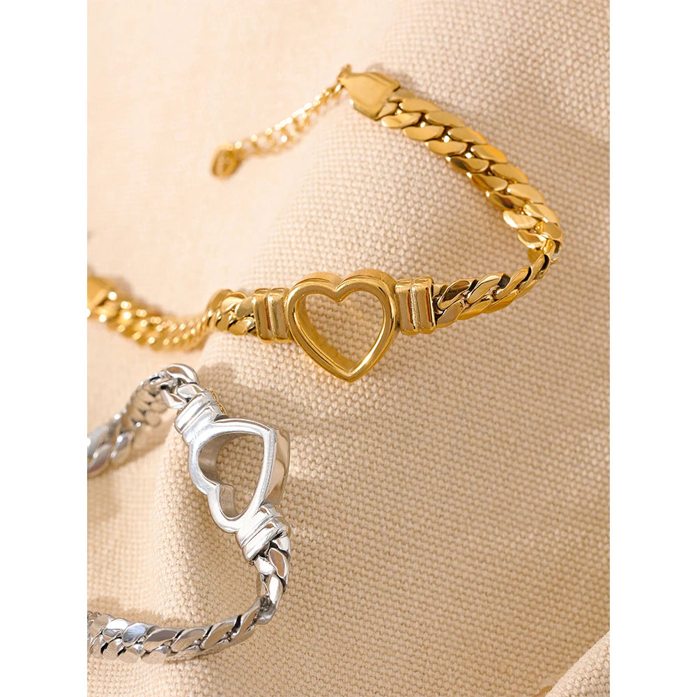 Yhpup (Wrist over 40mm fit this style) High Quality Love Heart Cuban Chain Stainless Steel Metal Bracelet Waterproof Jewelry - YDKM