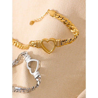 Yhpup (Wrist over 40mm fit this style) High Quality Love Heart Cuban Chain Stainless Steel Metal Bracelet Waterproof Jewelry - YDKM