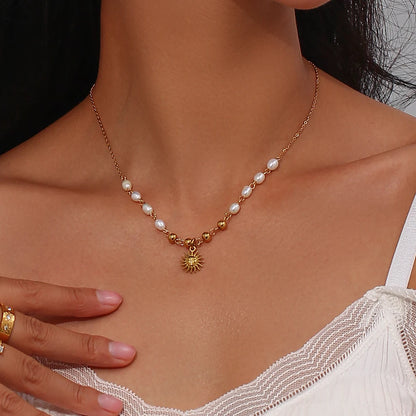 Freshwater Pearl Gold Color Beads Chain Stainless Steel Necklace Optimistic Sun Pendant Necklace For Woman Christmas Gift - YDKM