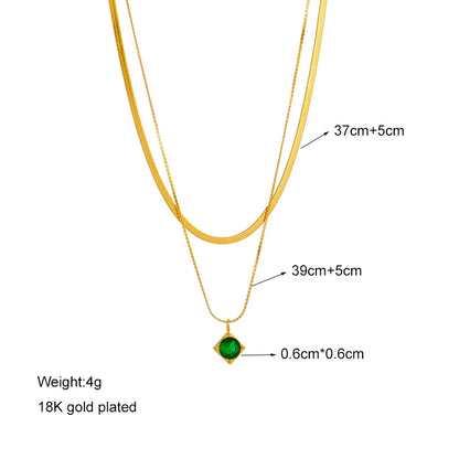 DIEYURO 316L Stainless Steel Green Zircon Pendant Necklace For Women Fashion Luxury Gold Color 2in1 Chain Girl Neck Jewelry Gift - YDKM