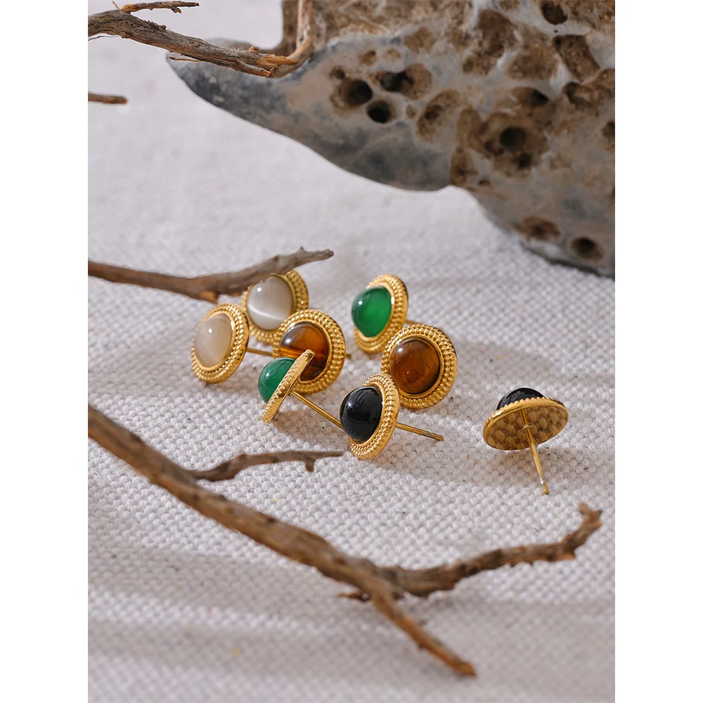 Yhpup Exquisite Natural Stone Stainless Steel Round Small Stud Earrings Waterproof Trendy High Quality Daily Jewelry Bijoux - YDKM