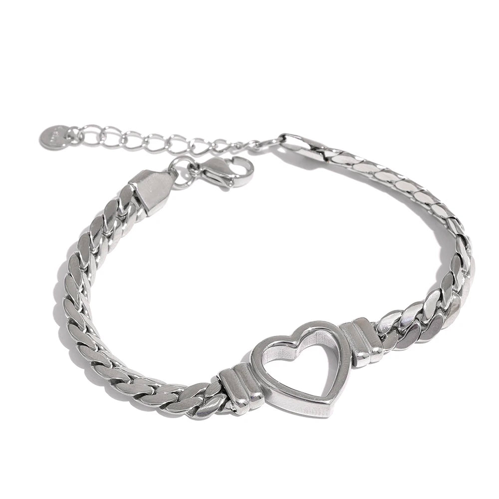 Yhpup (Wrist over 40mm fit this style) High Quality Love Heart Cuban Chain Stainless Steel Metal Bracelet Waterproof Jewelry - YDKM