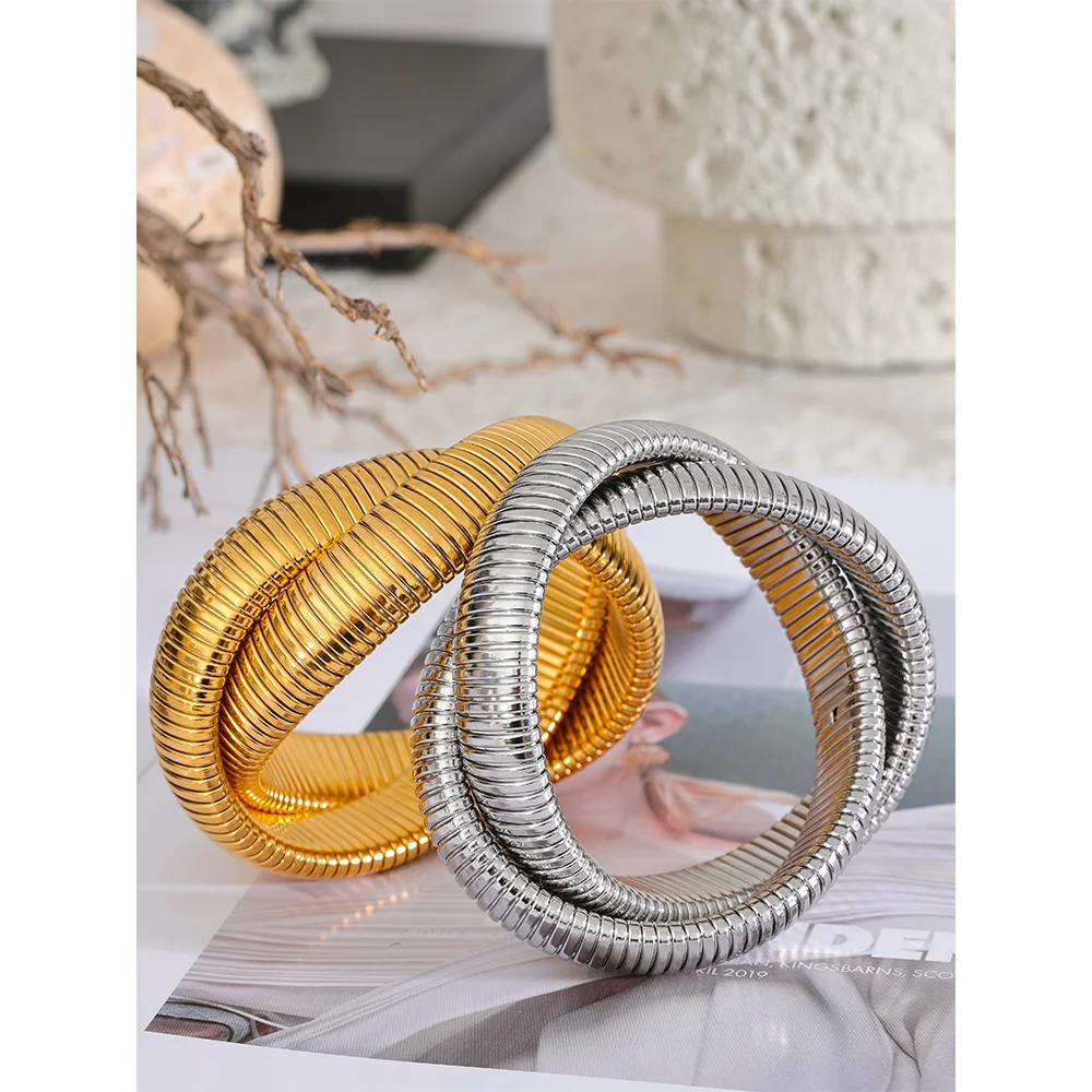 Yhpup 316L Stainless Steel Wide Heavy Metal Stackable Bracelet Bangle Waterproof 18K PVD Plated Texture Charm Statement Jewelry - YDKM