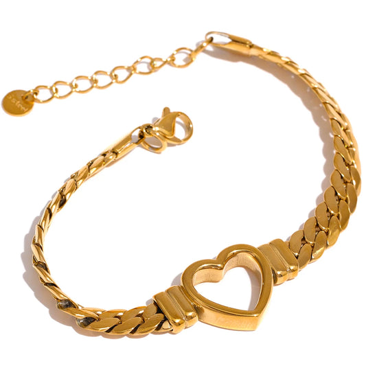 Yhpup (Wrist over 40mm fit this style) High Quality Love Heart Cuban Chain Stainless Steel Metal Bracelet Waterproof Jewelry - YDKM