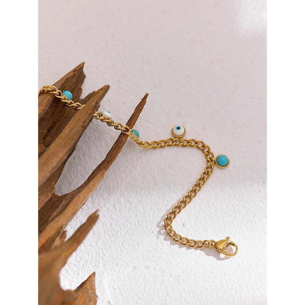 Yhpup Stainless Steel Turquoise Stone Resin Eye Charm Fashion Bracelet Bangle Golden Daily Trendy Jewelry for Female Браслет - YDKM