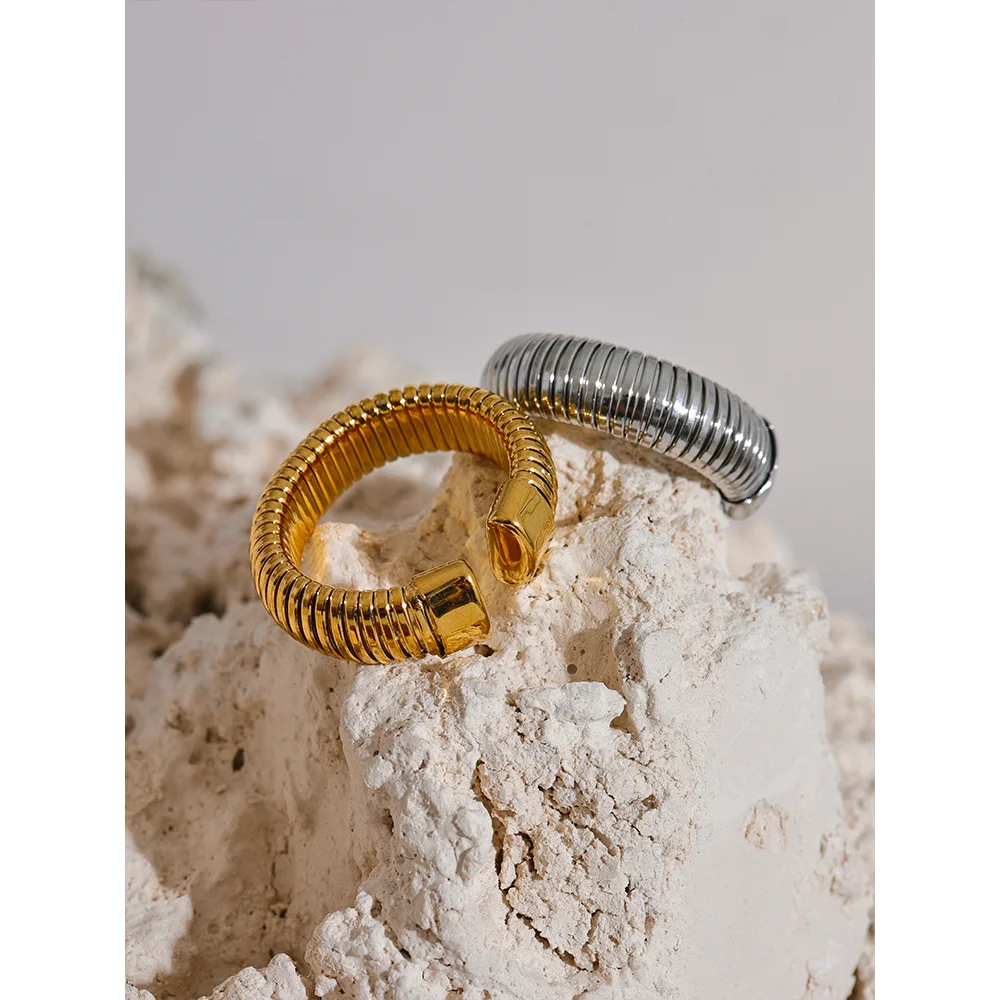 Yhpup Fashion Stainless Steel Round Elastic Open Ring Minimalist 18K PVD Plated Metal Classic Texture Jewelry Anillo Bijoux - YDKM