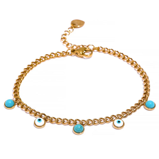 Yhpup Stainless Steel Turquoise Stone Resin Eye Charm Fashion Bracelet Bangle Golden Daily Trendy Jewelry for Female Браслет - YDKM