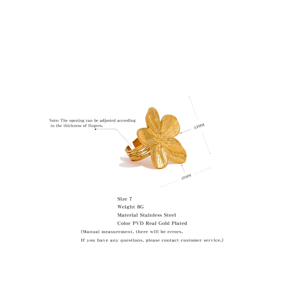 Yhpup Waterproof 18K Gold Color Stainless Steel Flower Big Open Ring for Women Trendy Fashion Party Summer Statement Jewelry - YDKM
