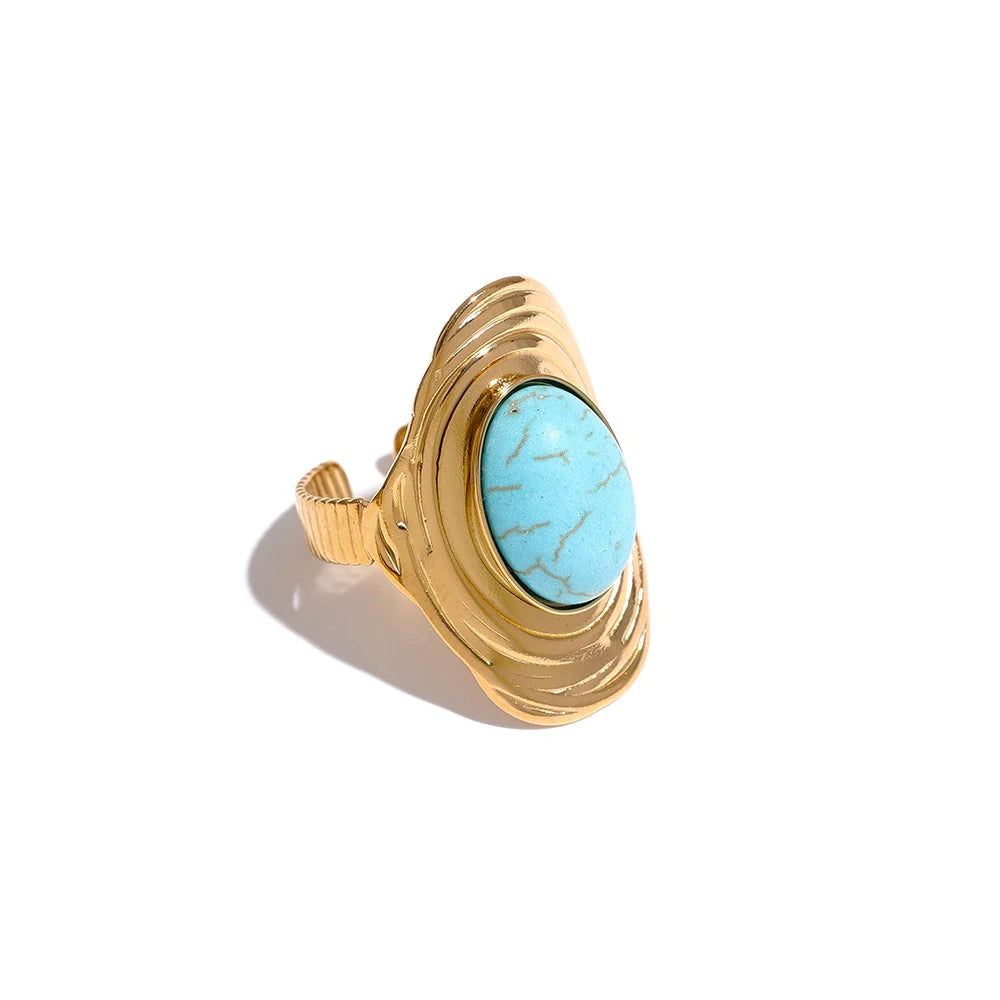 Yhpup Stainless Steel Natural Stone Pink Green Turquoise Hyperbolic Ring Women Bohemian Stylish Adjustable Big Summer Jewelry - YDKM