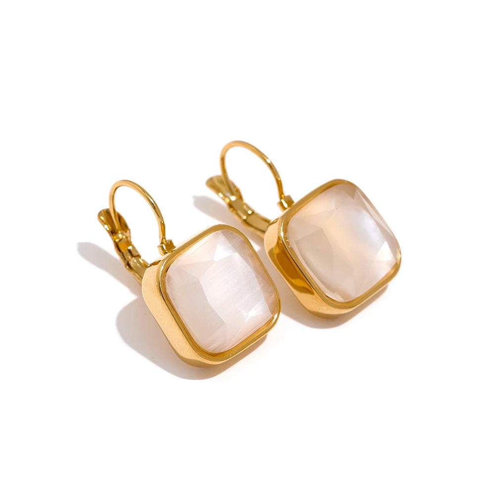 Yhpup Delicate Colorful Vintage Charm Square Opal Stone French Hook Earrings Stainless Steel 18k Gold Plated Waterproof Jewelry - YDKM