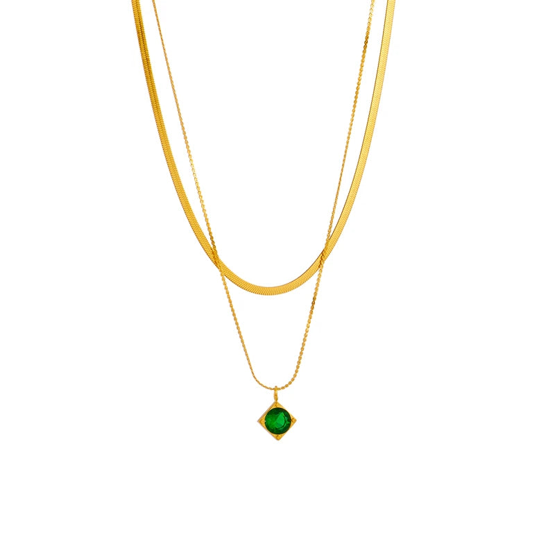 DIEYURO 316L Stainless Steel Green Zircon Pendant Necklace For Women Fashion Luxury Gold Color 2in1 Chain Girl Neck Jewelry Gift - YDKM