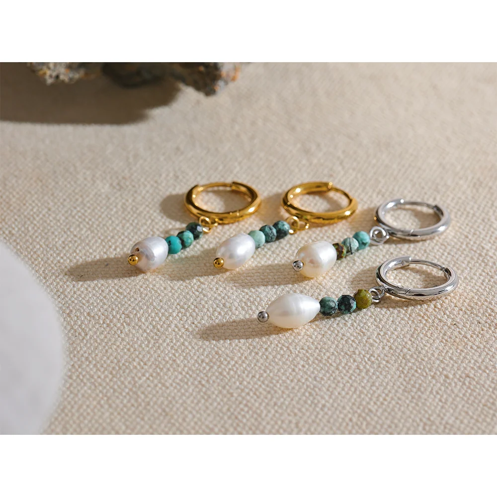 Yhpup Exquisite Stainless Steel Natural Stone Freshwater Pearl Bead Drop Hoop Earrings Fashion Daily Handmade Jewelry Bijoux - YDKM