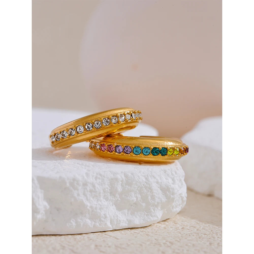 Yhpup Colorful White Cubic Zirconia Stainless Steel Fashion Open Ring Non-adjustable Golden Jewelry Water Resistant New - YDKM